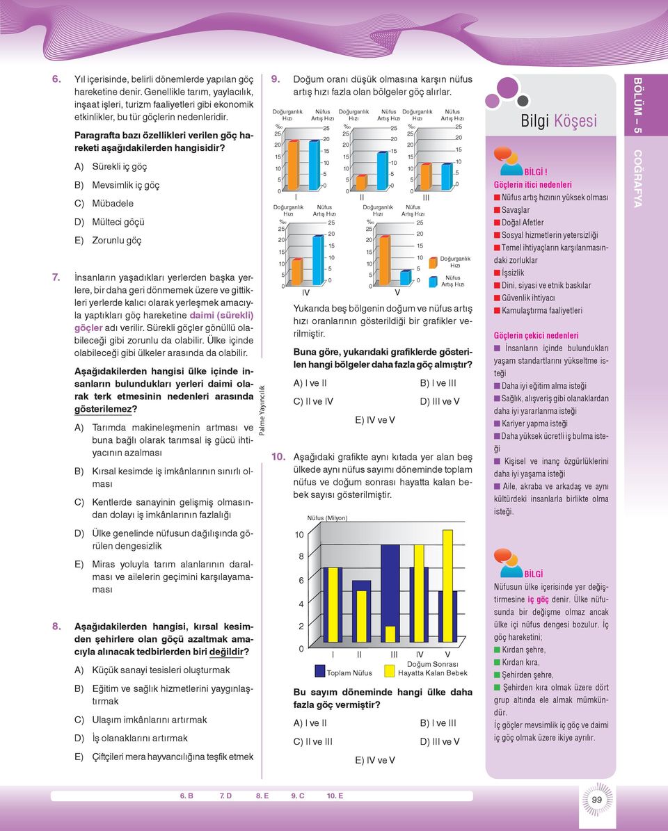 Doğurganlık %o 2 2 1 A) Sürekli iç göç 1 B) Mevsimlik iç göç C) Mübadele I II Doğurganlık %o 2 D) Mülteci göçü E) Zorunlu göç Nüfus Artış 2 1 1 lere, bir daha geri dönmemek üzere ve gittikleri