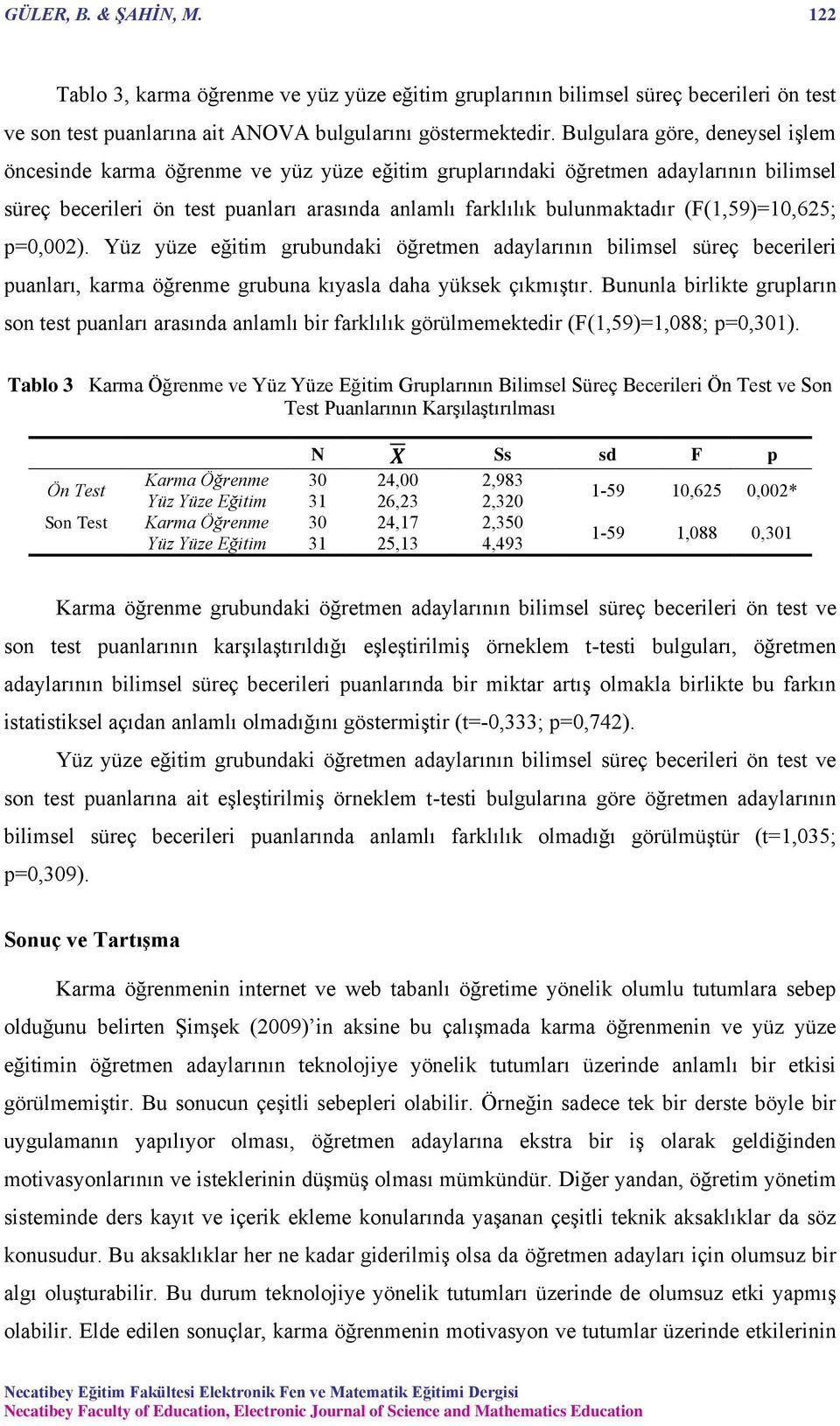 (F(1,59)=10,625; p=0,002). Yüz yüze eğitim grubundaki öğretmen adaylarının bilimsel süreç becerileri puanları, karma öğrenme grubuna kıyasla daha yüksek çıkmıştır.