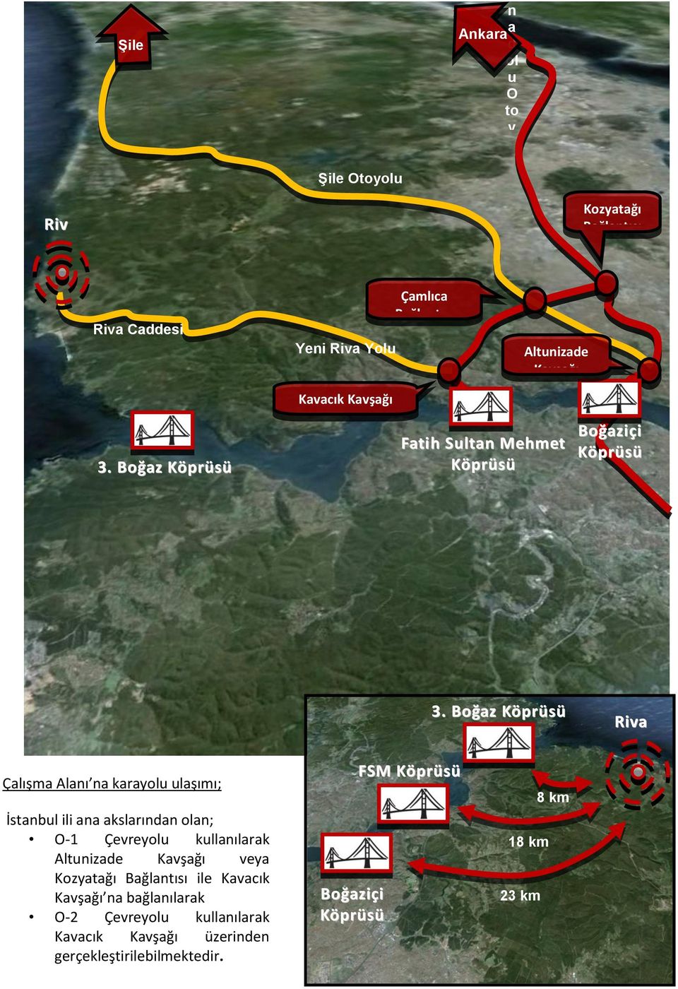 Boğaz Köprüsü Riva Çalışma Alanı na karayolu ulaşımı; İstanbul ili ana akslarından olan; O-1 Çevreyolu kullanılarak Altunizade Kavşağı