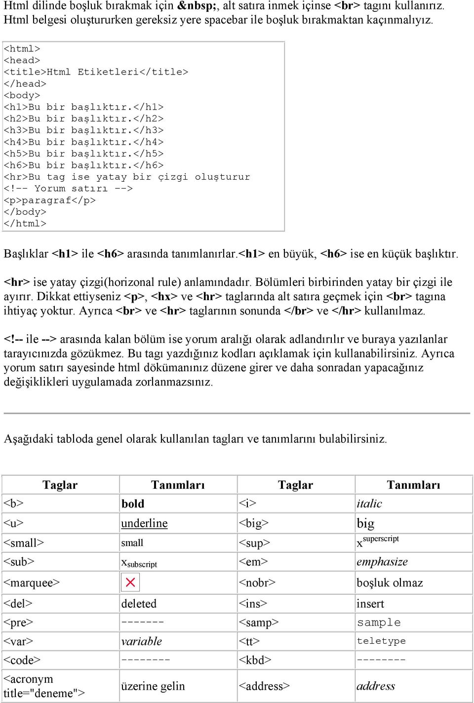 </h5> <h6>bu bir başlıktır.</h6> <hr>bu tag ise yatay bir çizgi oluşturur <!-- Yorum satırı --> <p>paragraf</p> </body> </html> Başlıklar <h1> ile <h6> arasında tanımlanırlar.