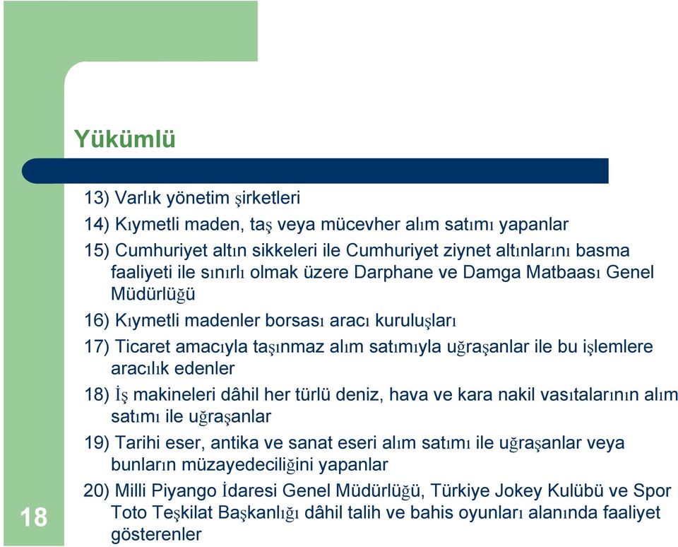 aracılık edenler 18) İş makineleri dâhil her türlü deniz, hava ve kara nakil vasıtalarının alım satımı ile uğraşanlar 19) Tarihi eser, antika ve sanat eseri alım satımı ile uğraşanlar