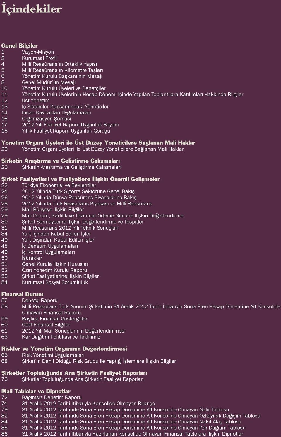 İnsan Kaynakları Uygulamaları 16 Organizasyon Şeması 17 2012 Yılı Faaliyet Raporu Uygunluk Beyanı 18 Yıllık Faaliyet Raporu Uygunluk Görüşü Yönetim Organı Üyeleri ile Üst Düzey Yöneticilere Sağlanan