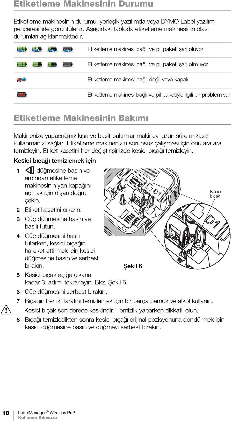 Etiketleme makinesi bağlı ve pil paketi şarj oluyor Etiketleme makinesi bağlı ve pil paketi şarj olmuyor Etiketleme makinesi bağlı değil veya kapalı Etiketleme makinesi bağlı ve pil paketiyle ilgili