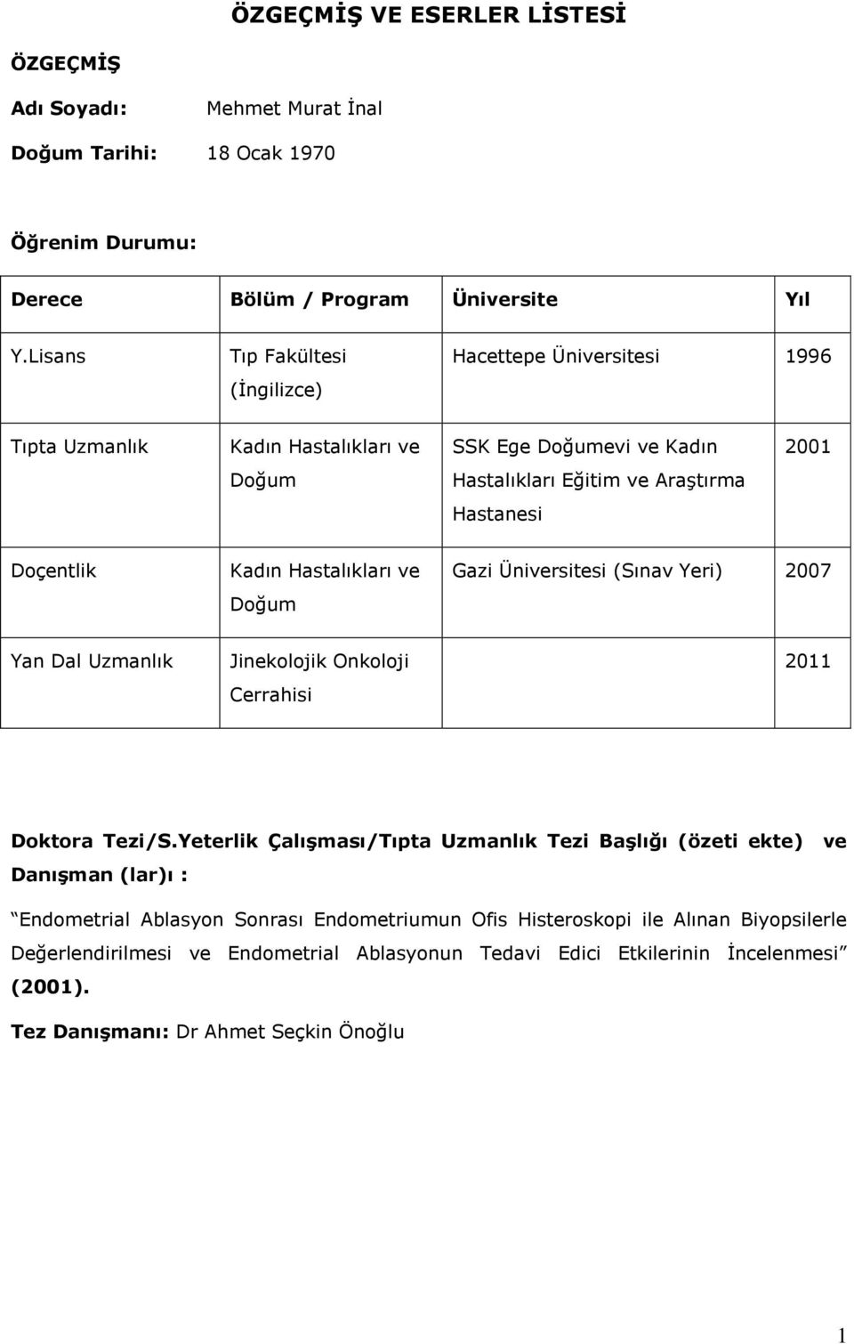 Kadın Hastalıkları ve Doğum Gazi Üniversitesi (Sınav Yeri) 2007 Yan Dal Uzmanlık Jinekolojik Onkoloji Cerrahisi 2011 Doktora Tezi/S.