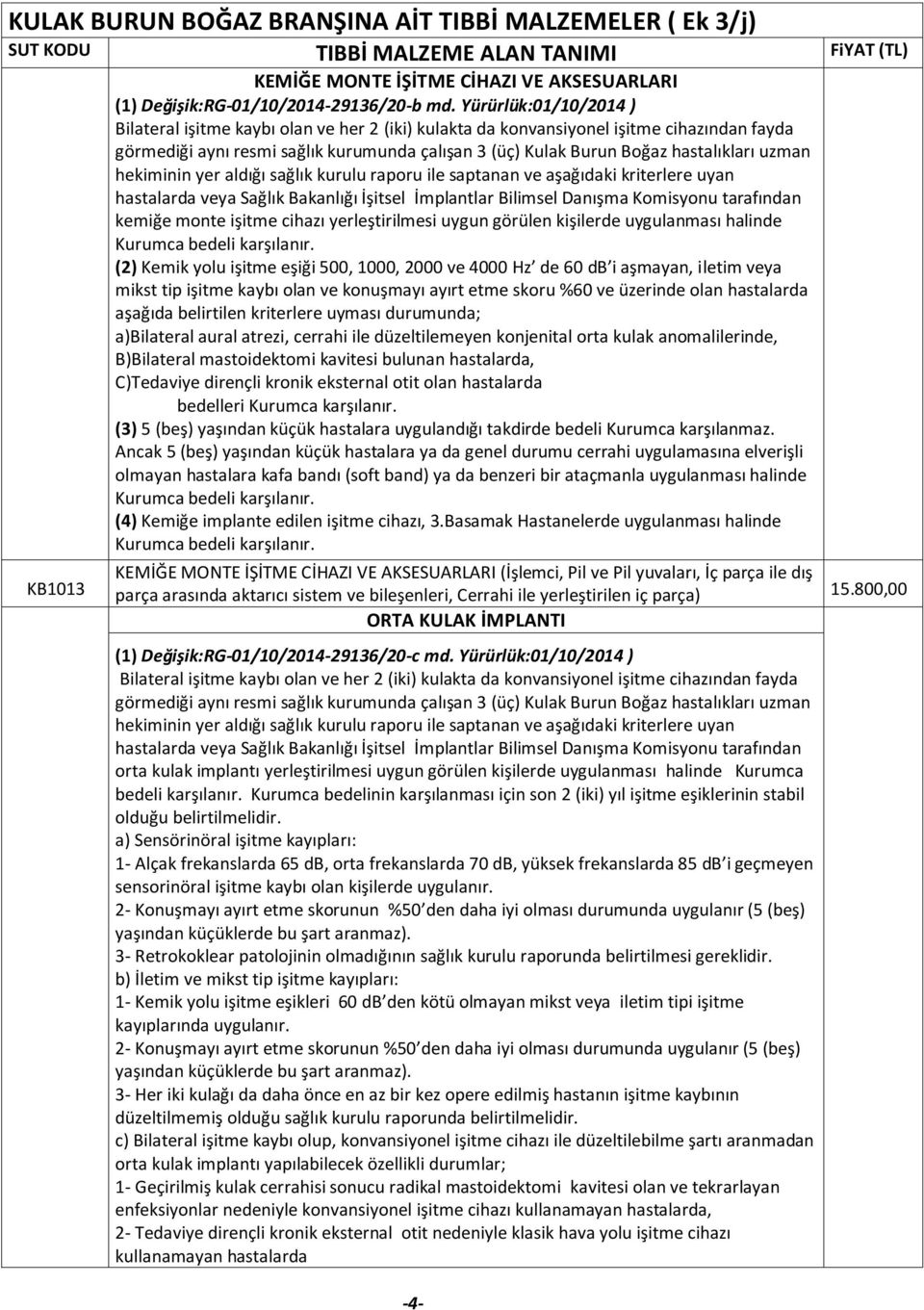 uzman hekiminin yer aldığı sağlık kurulu raporu ile saptanan ve aşağıdaki kriterlere uyan hastalarda veya Sağlık Bakanlığı İşitsel İmplantlar Bilimsel Danışma Komisyonu tarafından kemiğe monte işitme