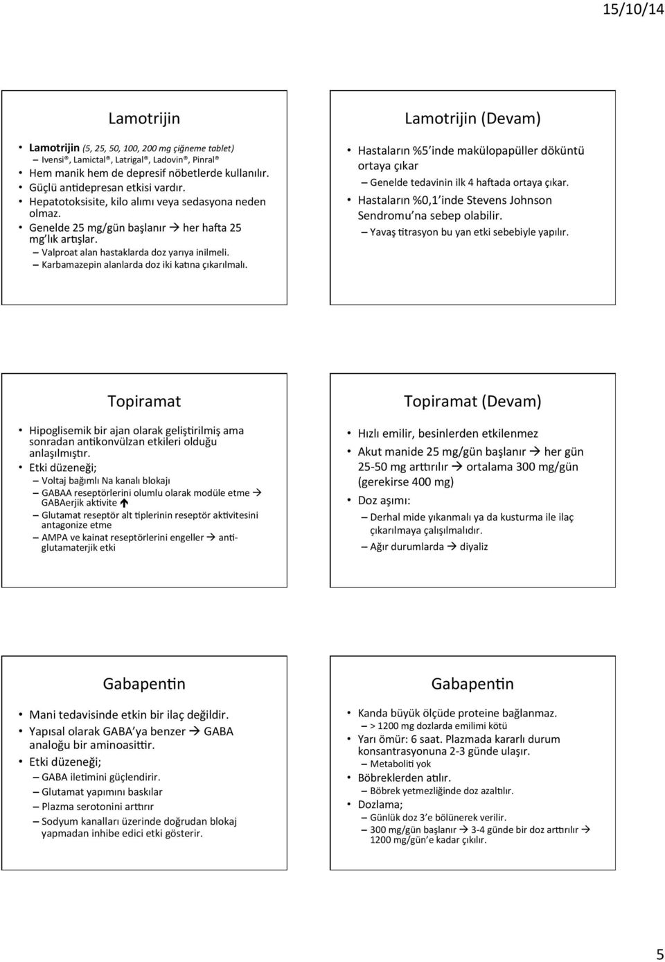 Lamotrijin (Devam) Hastaların %5 inde makülopapüller döküntü ortaya çıkar Genelde tedavinin ilk 4 haxada ortaya çıkar. Hastaların %0,1 inde Stevens Johnson Sendromu na sebep olabilir.