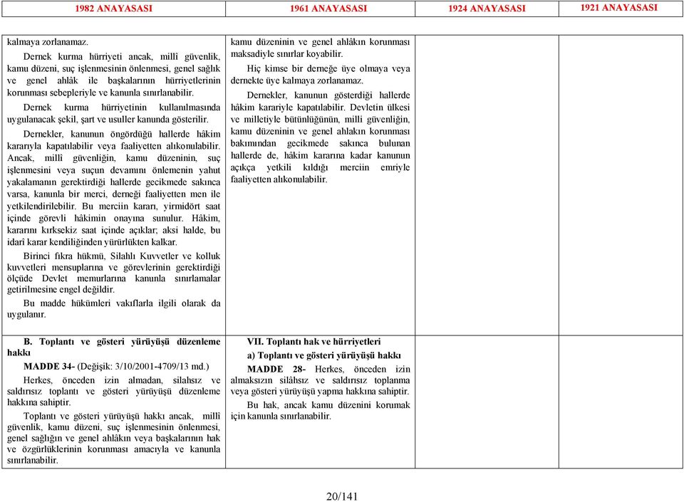 Dernek kurma hürriyetinin kullanılmasında uygulanacak şekil, şart ve usuller kanunda gösterilir. Dernekler, kanunun öngördüğü hallerde hâkim kararıyla kapatılabilir veya faaliyetten alıkonulabilir.