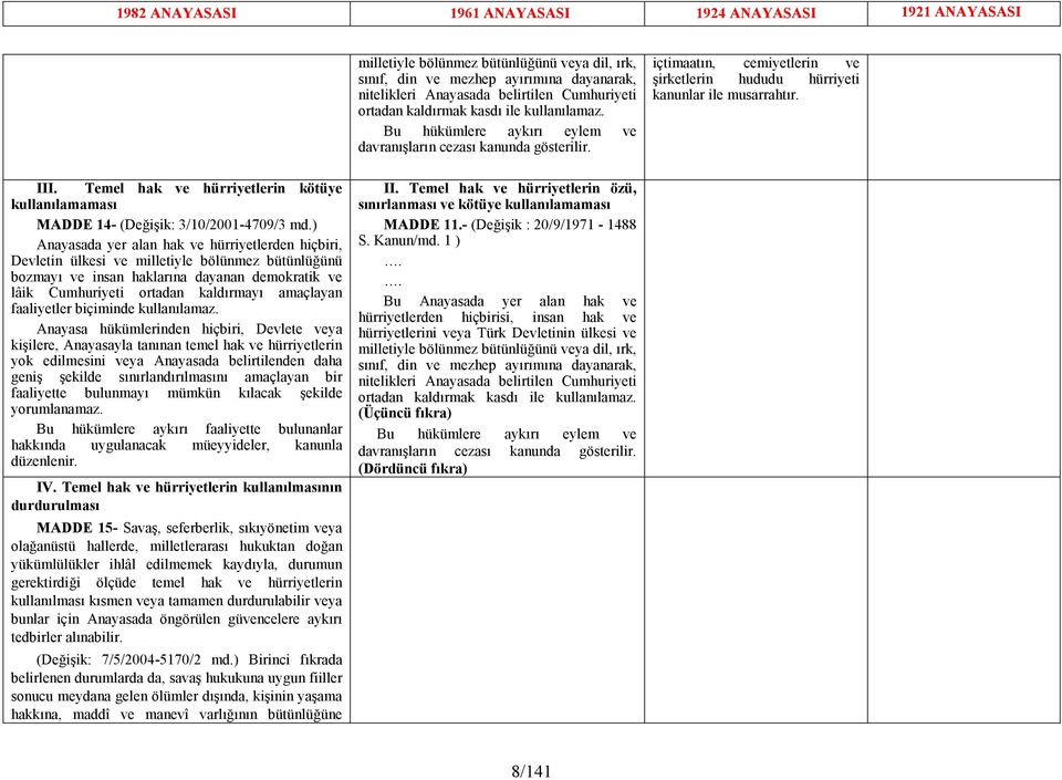 Temel hak ve hürriyetlerin kötüye kullanılamaması MADDE 14- (Değişik: 3/10/2001-4709/3 md.