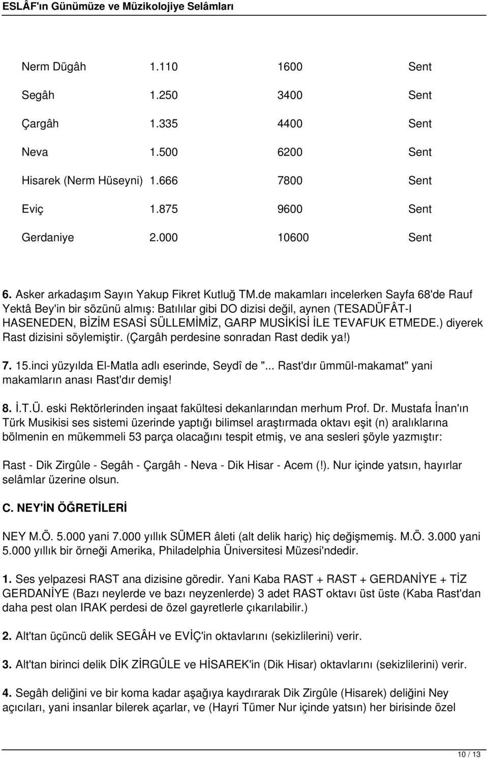 de makamları incelerken Sayfa 68'de Rauf Yektâ Bey'in bir sözünü almış: Batılılar gibi DO dizisi değil, aynen (TESADÜFÂT-I HASENEDEN, BİZİM ESASİ SÜLLEMİMİZ, GARP MUSİKİSİ İLE TEVAFUK ETMEDE.