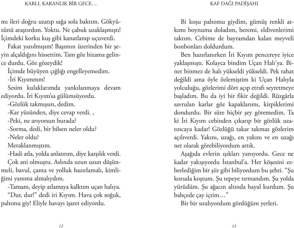 İri Kıyım sa gülümsüyordu. -Gözlük takmışsın, dedim. -Kar yüzünden, diye cevap verdi., -Peki, ne arıyorsun burada? -Sorma, dedi, bir bilsen neler oldu? -Neler oldu? Meraklanmıştım.