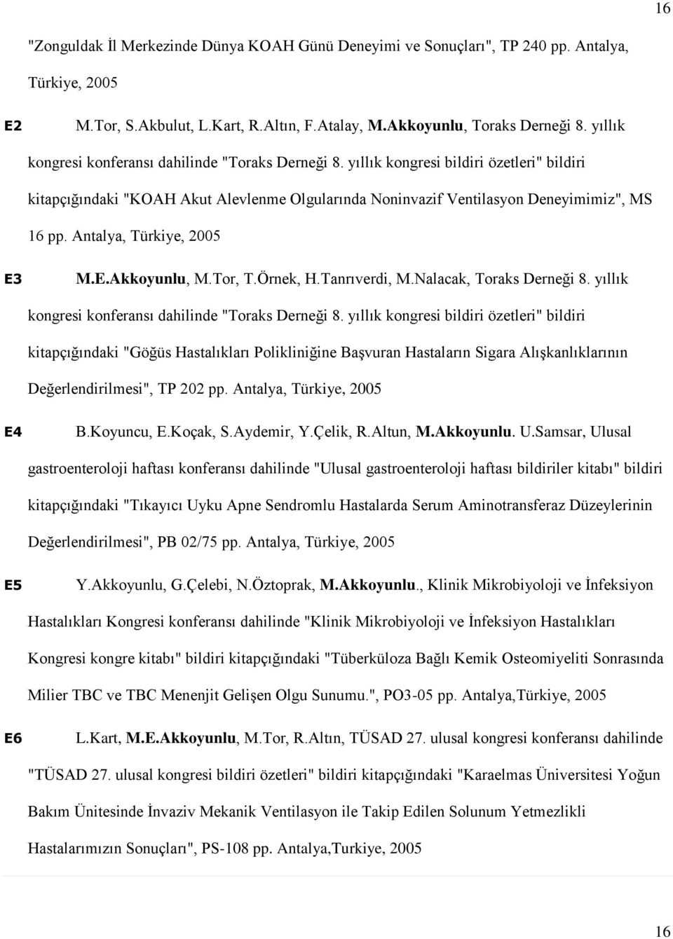 Antalya, Türkiye, 2005 E3 M.E.Akkoyunlu, M.Tor, T.Örnek, H.Tanrıverdi, M.Nalacak, Toraks Derneği 8. yıllık kongresi konferansı dahilinde "Toraks Derneği 8.