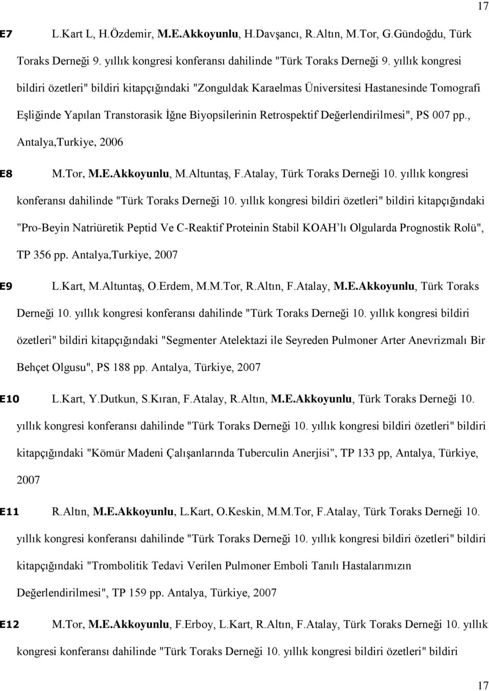 PS 007 pp., Antalya,Turkiye, 2006 E8 M.Tor, M.E.Akkoyunlu, M.Altuntaş, F.Atalay, Türk Toraks Derneği 10. yıllık kongresi konferansı dahilinde "Türk Toraks Derneği 10.