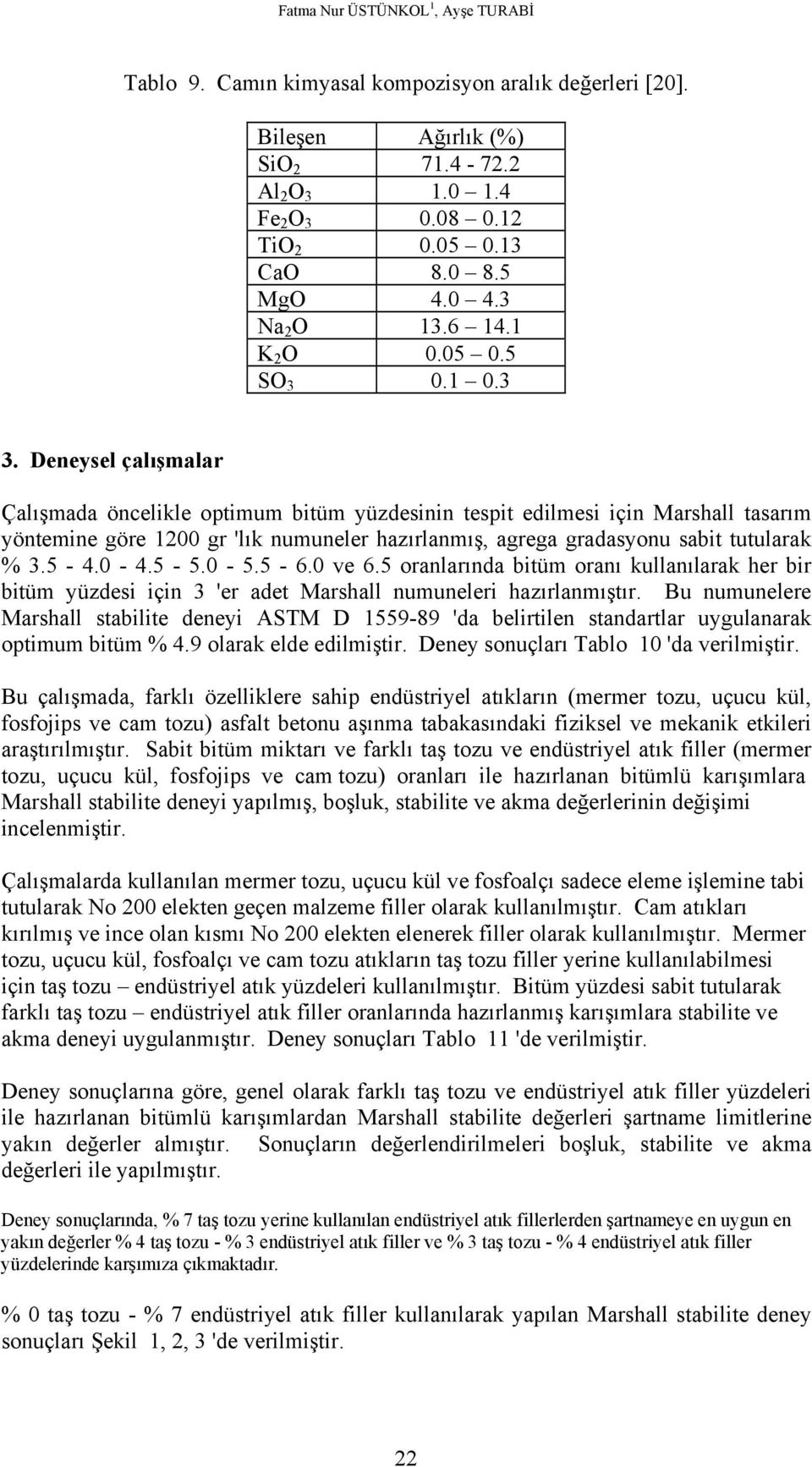 Deneysel çalışmalar Çalışmada öncelikle optimum bitüm yüzdesinin tespit edilmesi için Marshall tasarım yöntemine göre 1200 gr 'lık numuneler hazırlanmış, agrega gradasyonu sabit tutularak % 3.5-4.0-4.