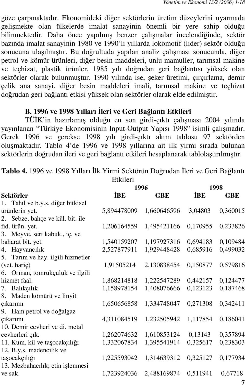 Bu doğrultuda yapılan analiz çalışması sonucunda, diğer petrol ve kömür ürünleri, diğer besin maddeleri, unlu mamuller, tarımsal makine ve teçhizat, plastik ürünler, 1985 yılı doğrudan geri