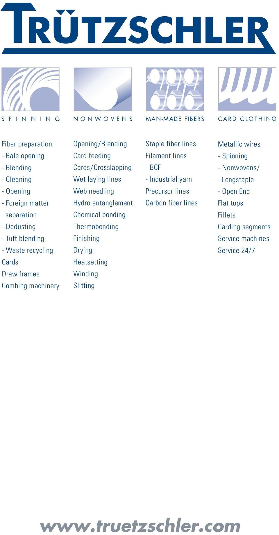 entanglement Chemical bonding Thermobonding Finishing Drying Heatsetting Winding Slitting Staple fiber lines Filament lines - BCF - Industrial yarn Precursor