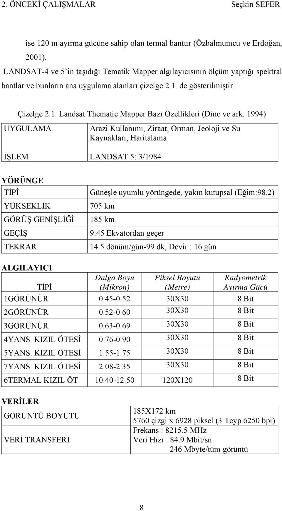 1994) UYGULAMA Arazi Kullanımı, Ziraat, Orman, Jeoloji ve Su Kaynakları, Haritalama İŞLEM LANDSAT 5: 3/1984 YÖRÜNGE TİPİ YÜKSEKLİK GÖRÜŞ GENİŞLİĞİ GEÇİŞ TEKRAR Güneşle uyumlu yörüngede, yakın