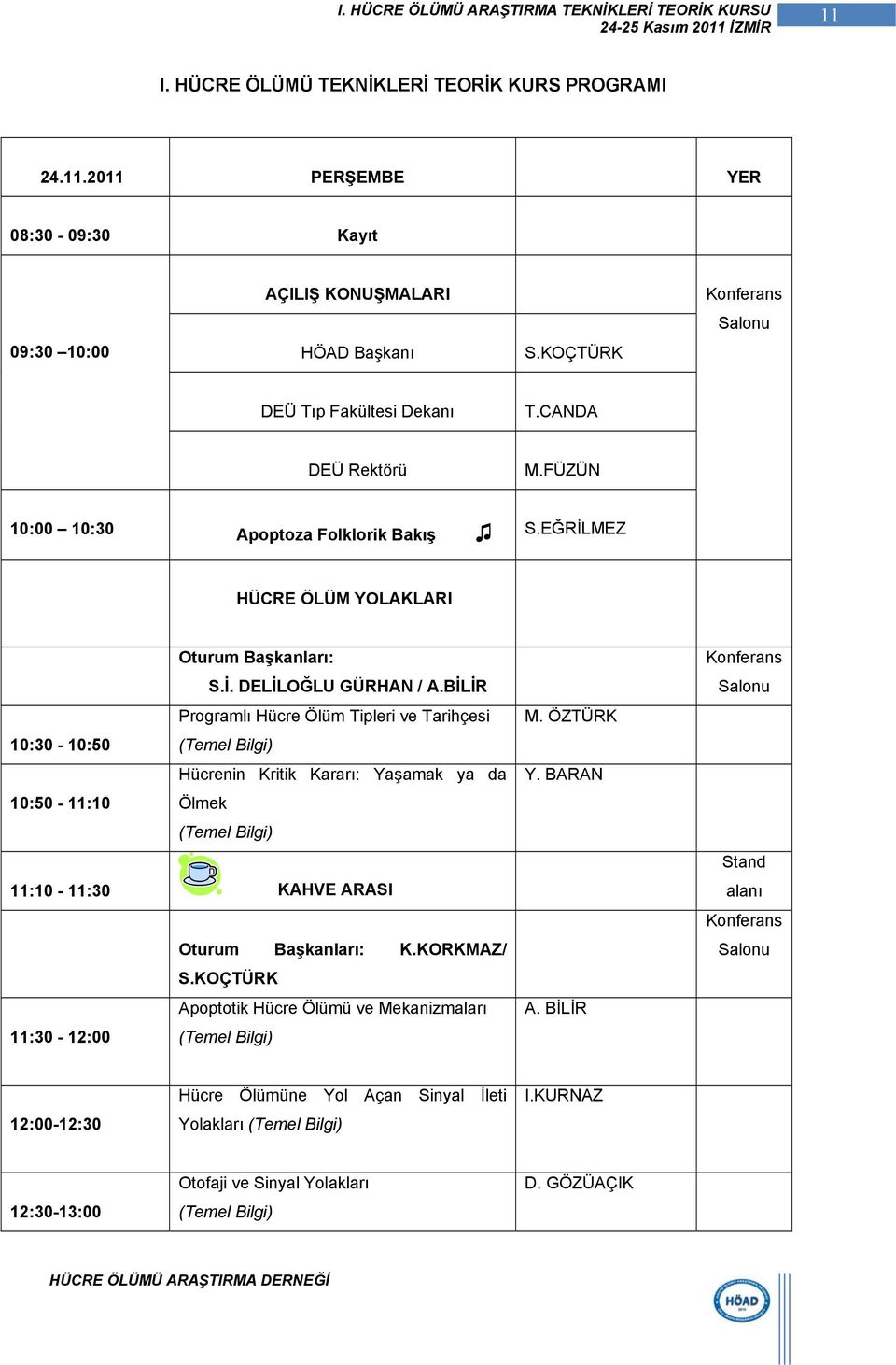 BİLİR Programlı Hücre Ölüm Tipleri ve Tarihçesi 10:30-10:50 (Temel Bilgi) Hücrenin Kritik Kararı: Yaşamak ya da 10:50-11:10 Ölmek (Temel Bilgi) 11:10-11:30 KAHVE ARASI Oturum Başkanları: K.