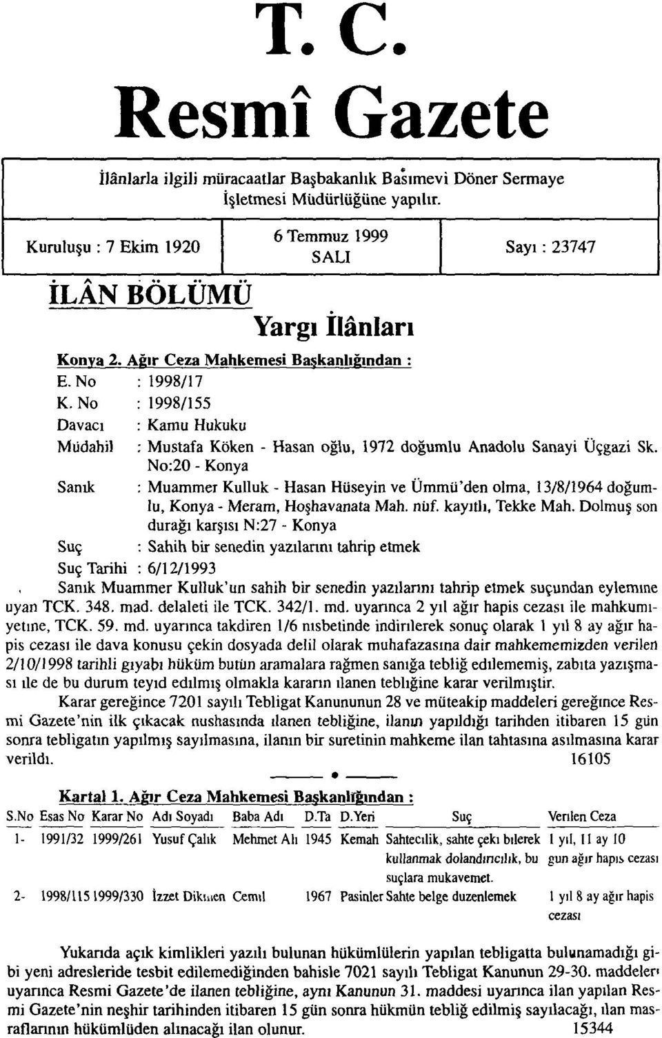 No : 1998/155 Davacı : Kamu Hukuku Müdahil : Mustafa Köken No:20 - Konya Hasan oğlu, 1972 doğumlu Anadolu Sanayi Üçgazi Sk.