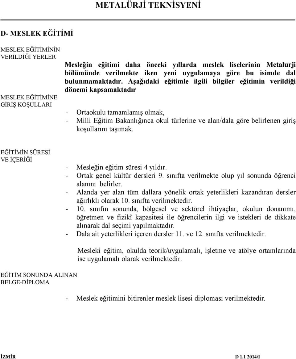 Aşağıdaki eğitimle ilgili bilgiler eğitimin verildiği dönemi kapsamaktadır - Ortaokulu tamamlamış olmak, - Milli Eğitim Bakanlığınca okul türlerine ve alan/dala göre belirlenen giriş koşullarını