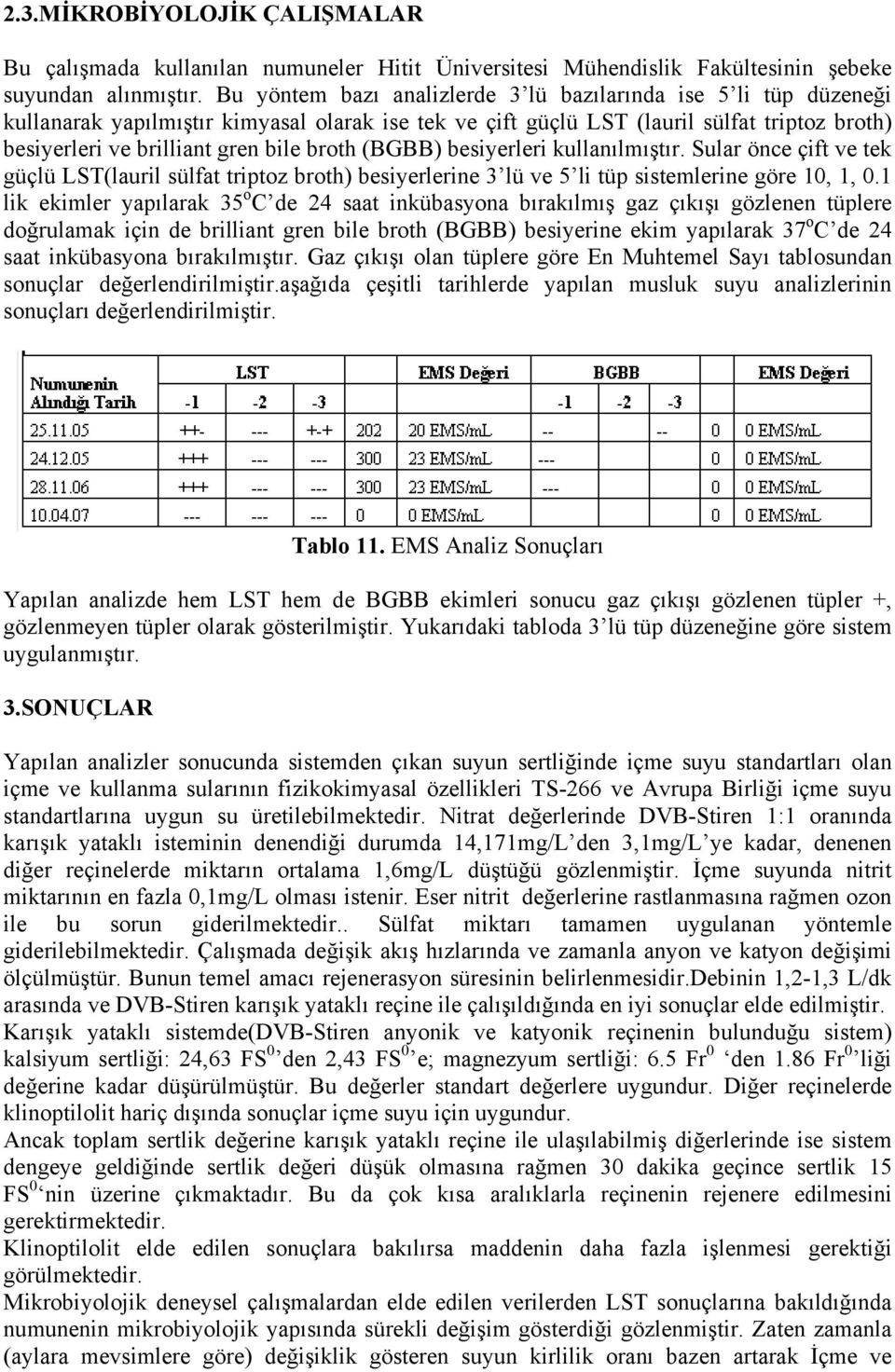 broth (BGBB) besiyerleri kullanılmıştır. Sular önce çift ve tek güçlü LST(lauril sülfat triptoz broth) besiyerlerine 3 lü ve 5 li tüp sistemlerine göre 10, 1, 0.