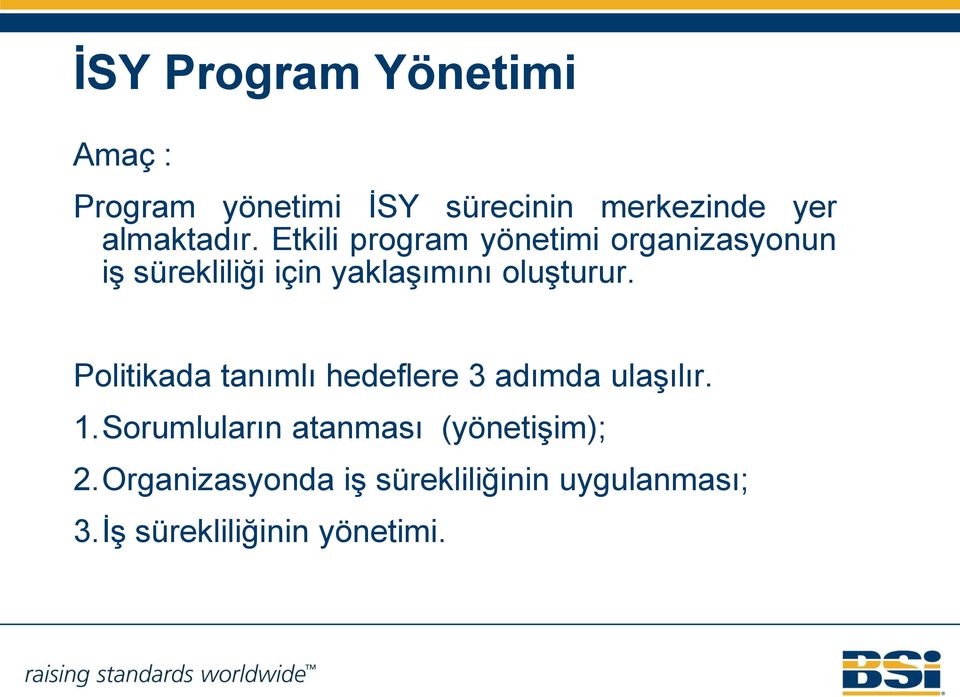 Etkili program yönetimi organizasyonun iş sürekliliği için yaklaşımını oluşturur.