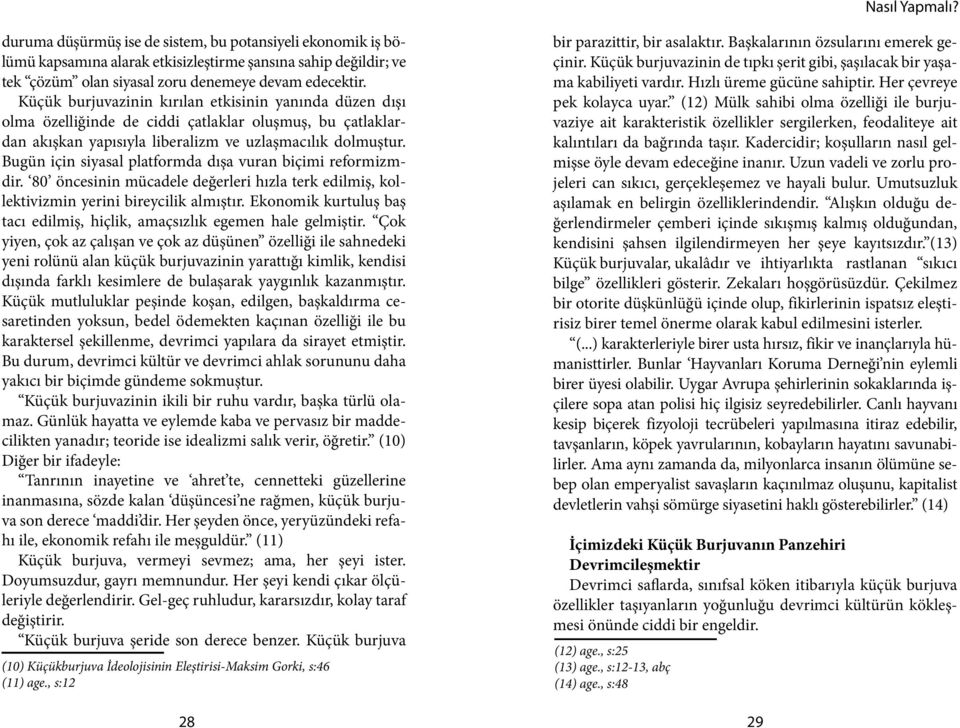 Bugün için siyasal platformda dışa vuran biçimi reformizmdir. 80 öncesinin mücadele değerleri hızla terk edilmiş, kollektivizmin yerini bireycilik almıştır.