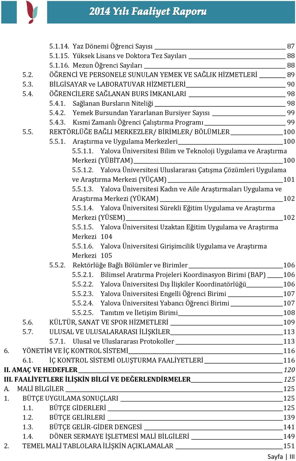 Kısmi Zamanlı Öğrenci Çalıştırma Programı 99 5.5. REKTÖRLÜĞE BAĞLI MERKEZLER/ BİRİMLER/ BÖLÜMLER 100 5.5.1. Araştırma ve Uygulama Merkezleri 100 5.5.1.1. Yalova Üniversitesi Bilim ve Teknoloji Uygulama ve Araştırma Merkezi (YÜBİTAM) 100 5.