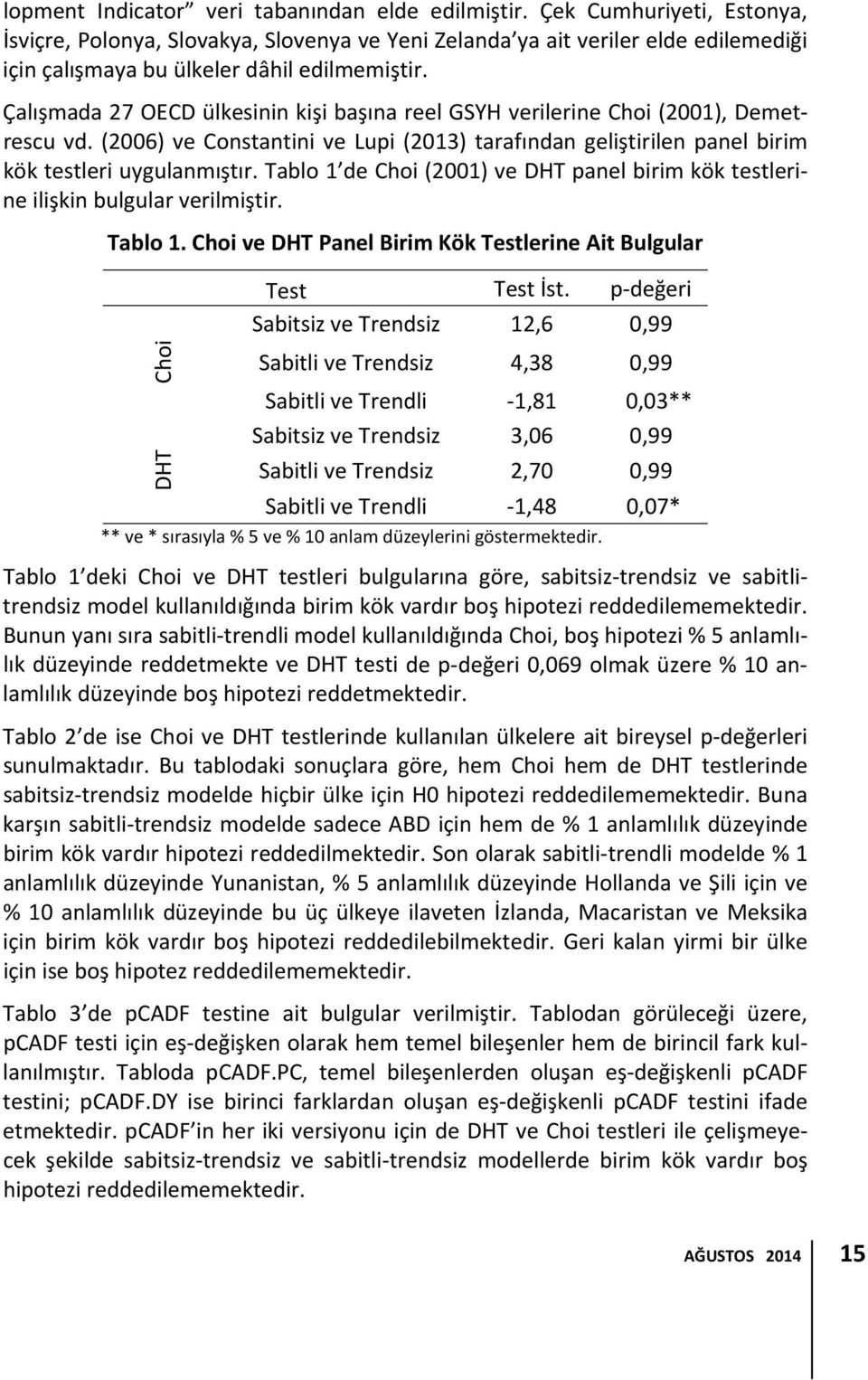 Çalışmada 27 OECD ülkesinin kişi başına reel GSYH verilerine Choi (2001), Demetrescu vd. (2006) ve Constantini ve Lupi (2013) tarafından geliştirilen panel birim kök testleri uygulanmıştır.