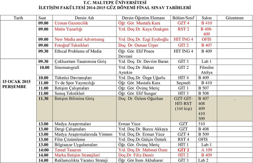 Osman Ürper GİT 2 B 407 09.30 Ethıcal Problems of Media Öğr. Gör. Elif Posos Devrani HİT İNG 4 B 409 09.30 Çokluortam Tasarımına Giriş Yrd. Doç. Dr. Devrim Baran GİT 3 Lab 1 15 OCAK 2015 PERŞEMBE 10.