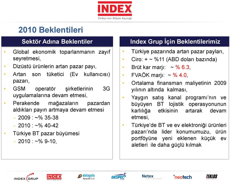 Beklentilerimiz Türkiye pazarında artan pazar payları, Ciro: + ~ %11 (ABD doları bazında) Brüt kar marjı: ~ % 6.3, FVAÖK marjı: ~ % 4.