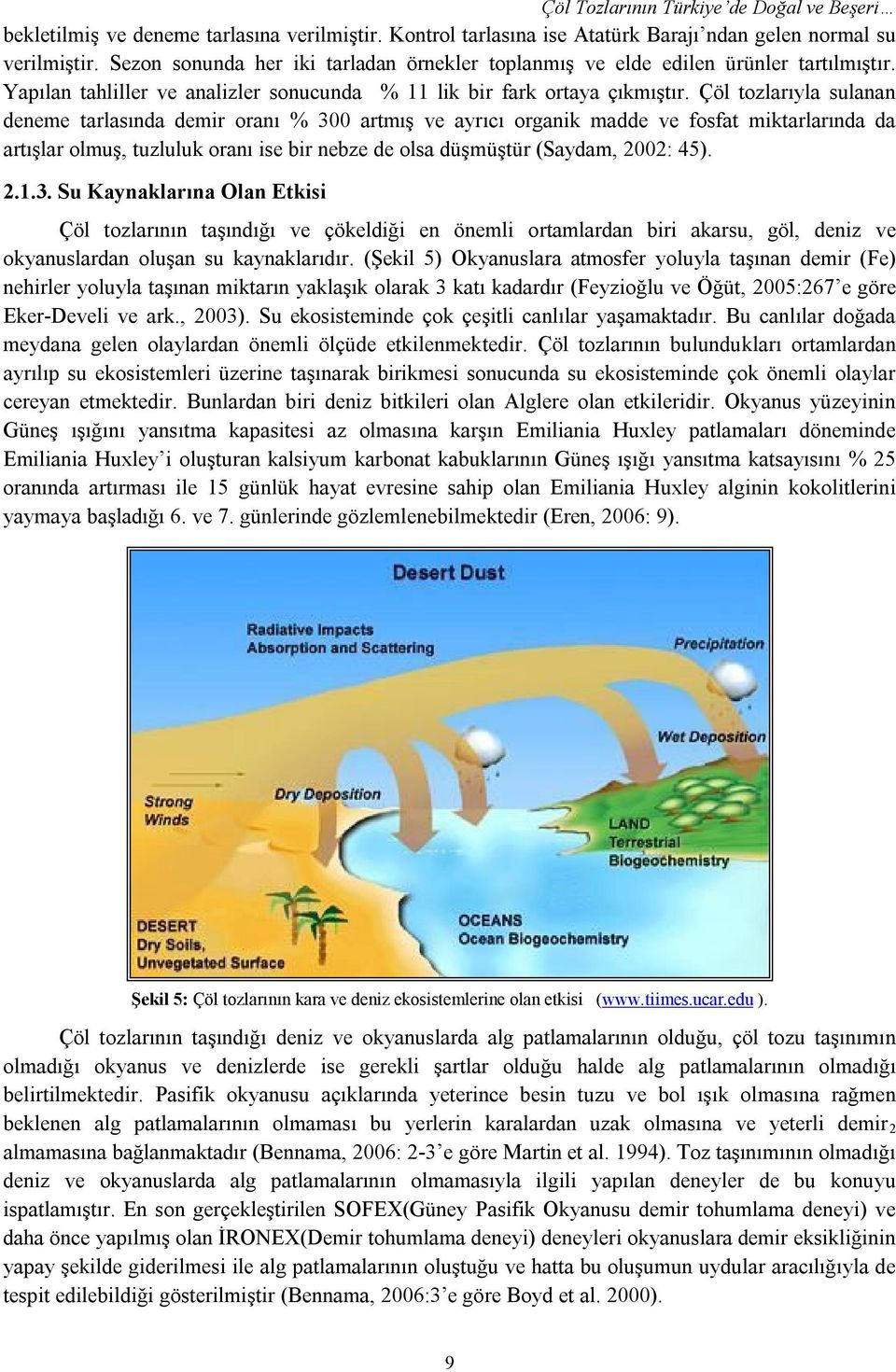 Çöl tozlarıyla sulanan deneme tarlasında demir oranı % 300 artmış ve ayrıcı organik madde ve fosfat miktarlarında da artışlar olmuş, tuzluluk oranı ise bir nebze de olsa düşmüştür (Saydam, 2002: 45).