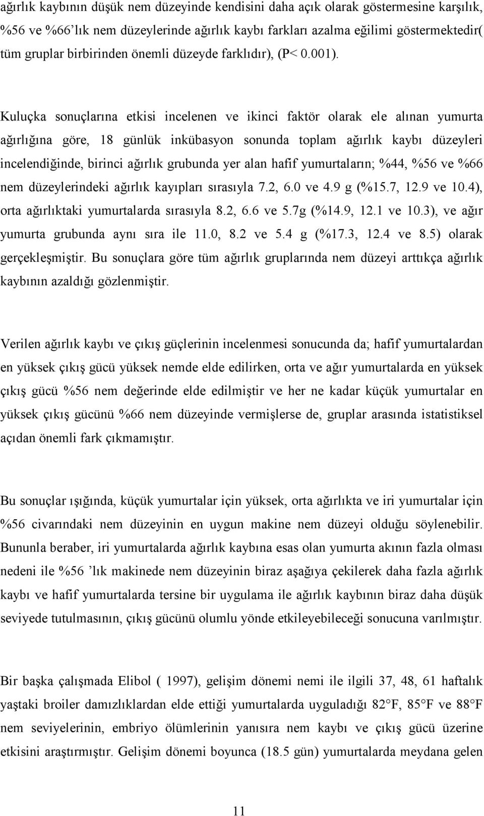 Kuluçka sonuçlarına etkisi incelenen ve ikinci faktör olarak ele alınan yumurta ağırlığına göre, 18 günlük inkübasyon sonunda toplam ağırlık kaybı düzeyleri incelendiğinde, birinci ağırlık grubunda