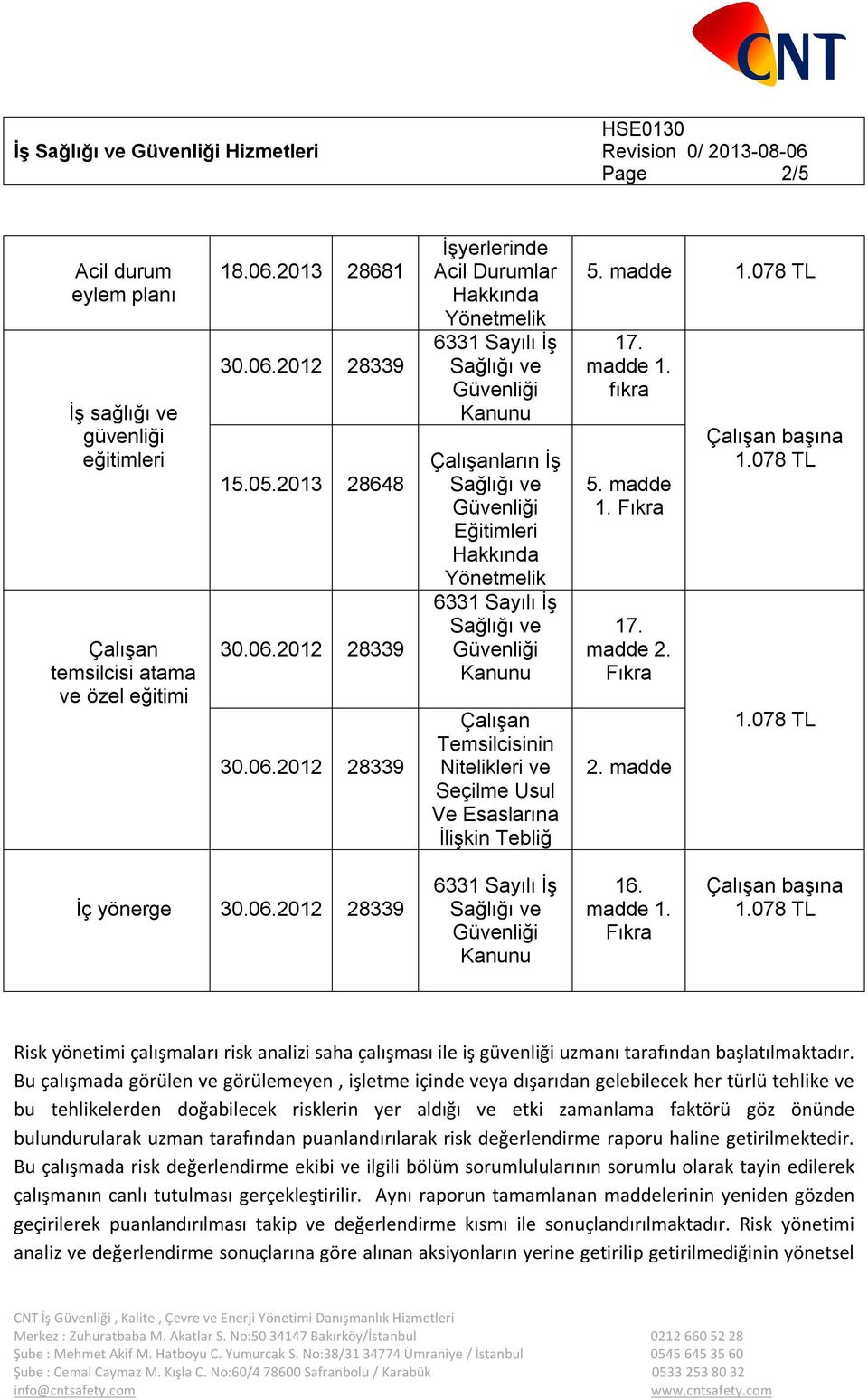 madde 1. fıkra 5. madde 1. Fıkra 17. madde 2. Fıkra 2. madde Çalışan başına İç yönerge 16. madde 1. Fıkra Çalışan başına Risk yönetimi çalışmaları risk analizi saha çalışması ile iş güvenliği uzmanı tarafından başlatılmaktadır.