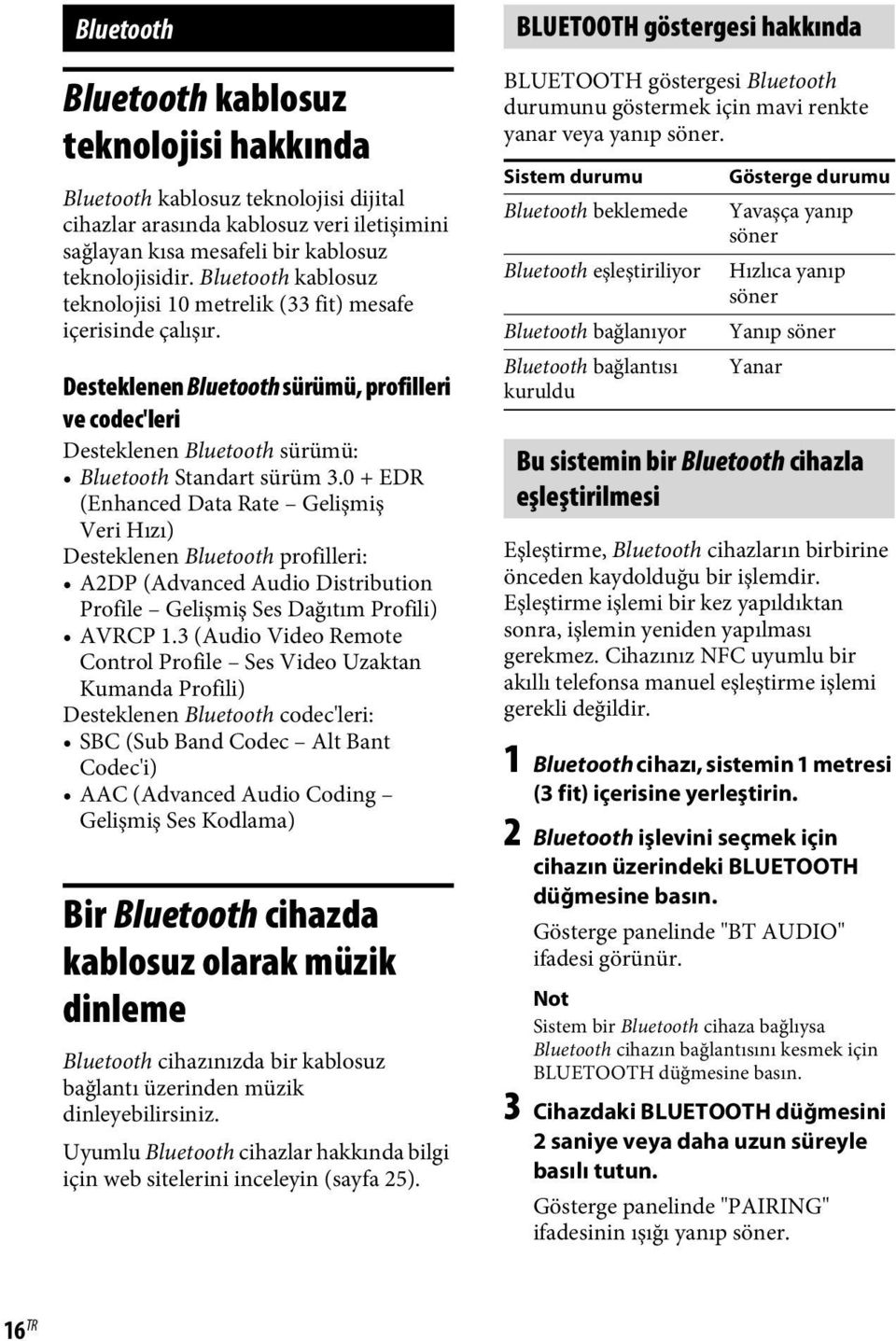 0 + EDR (Enhanced Data Rate Gelişmiş Veri Hızı) Desteklenen Bluetooth profilleri: A2DP (Advanced Audio Distribution Profile Gelişmiş Ses Dağıtım Profili) AVRCP 1.