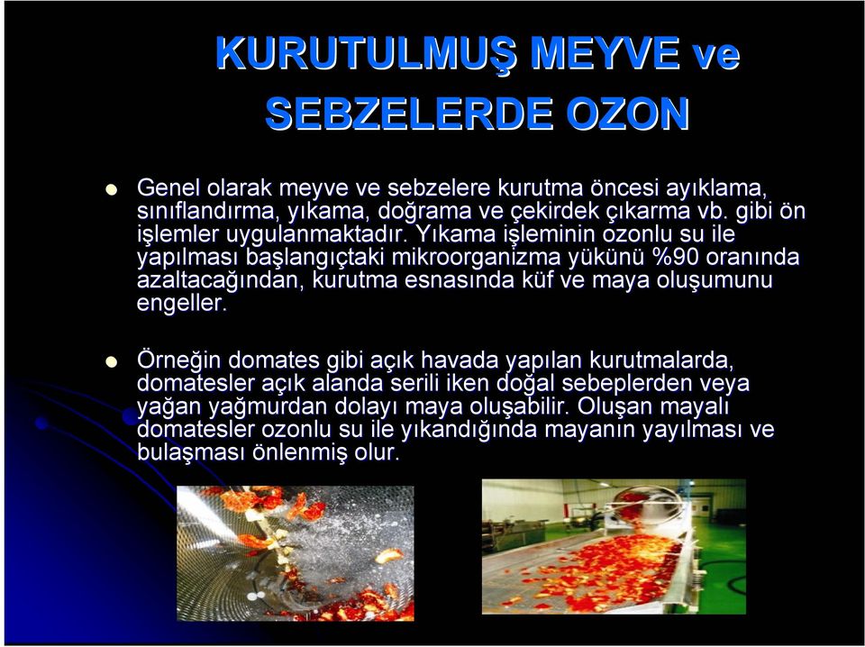 Yıkama Y işleminin i ozonlu su ile yapılmas lması başlang langıçtaki mikroorganizma yükünü y %90 oranında nda azaltacağı ğından, kurutma esnasında nda küf k f ve