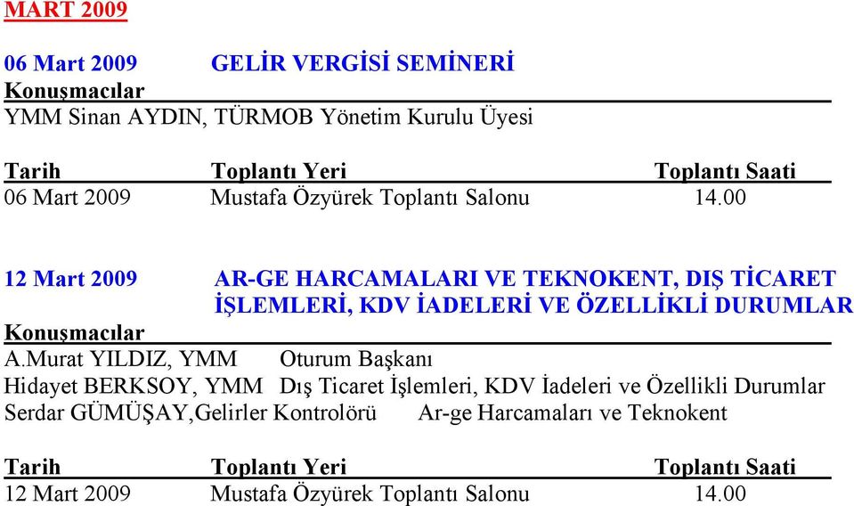 00 12 Mart 2009 AR-GE HARCAMALARI VE TEKNOKENT, DIŞ TİCARET İŞLEMLERİ, KDV İADELERİ VE ÖZELLİKLİ DURUMLAR A.