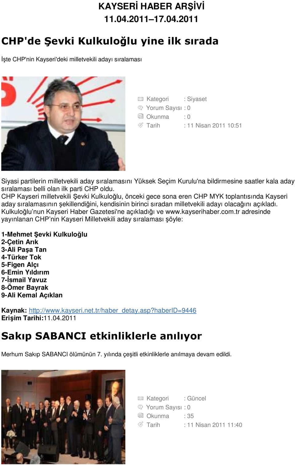 2011 CHP'de Şevki Kulkuloğlu yine ilk sırada Đşte CHP'nin Kayseri'deki milletvekili adayı sıralaması Kategori : Siyaset Yorum Sayısı : 0 Okunma : 0 Tarih : 11 Nisan 2011 10:51 Siyasi partilerin