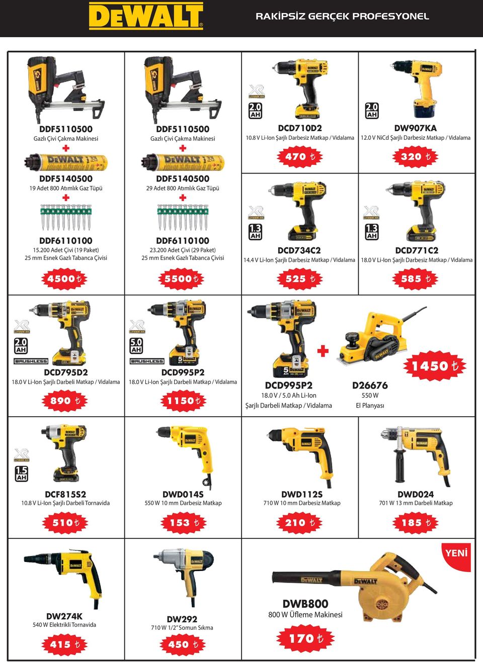 200 Adet Çivi (19 Paket) 25 mm Esnek Gazlı Tabanca Çivisi DDF6110100 23.200 Adet Çivi (29 Paket) 25 mm Esnek Gazlı Tabanca Çivisi DCD734C2 14.4 V Li-Ion Şarjlı Darbesiz Matkap / Vidalama DCD771C2 18.