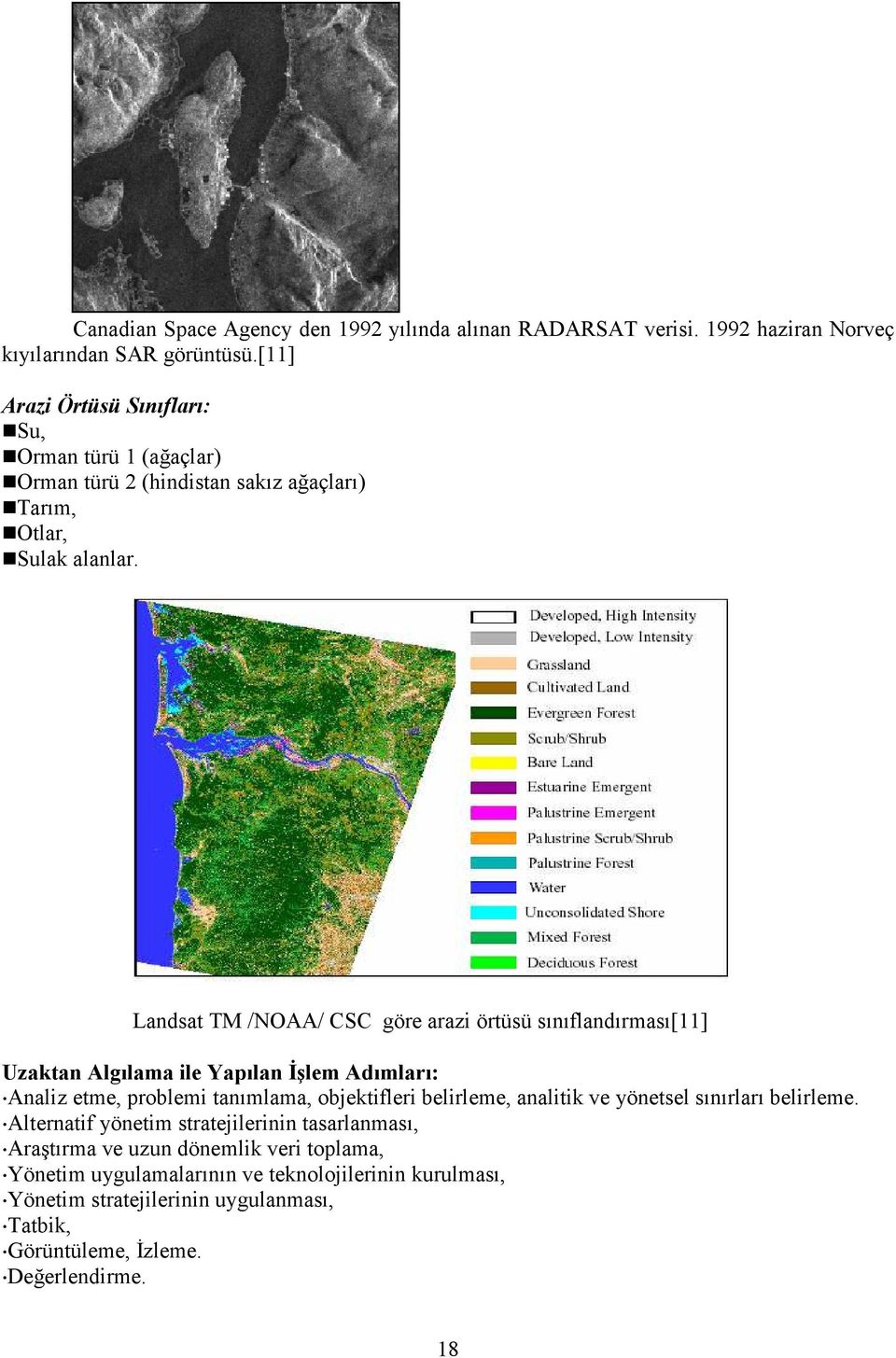 Landsat TM /NOAA/ CSC göre arazi örtüsü sınıflandırması[11] Uzaktan Algılama ile Yapılan İşlem Adımları: Analiz etme, problemi tanımlama, objektifleri belirleme,