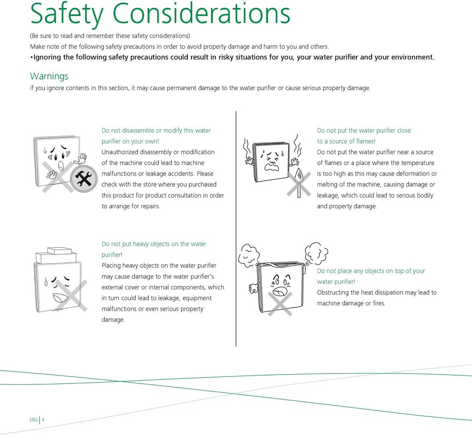 Warnings If you ignore contents in this section, it may cause permanent damage to the water purifier or cause serious property damage. Do not disassemble or modify this water purifier on your own!