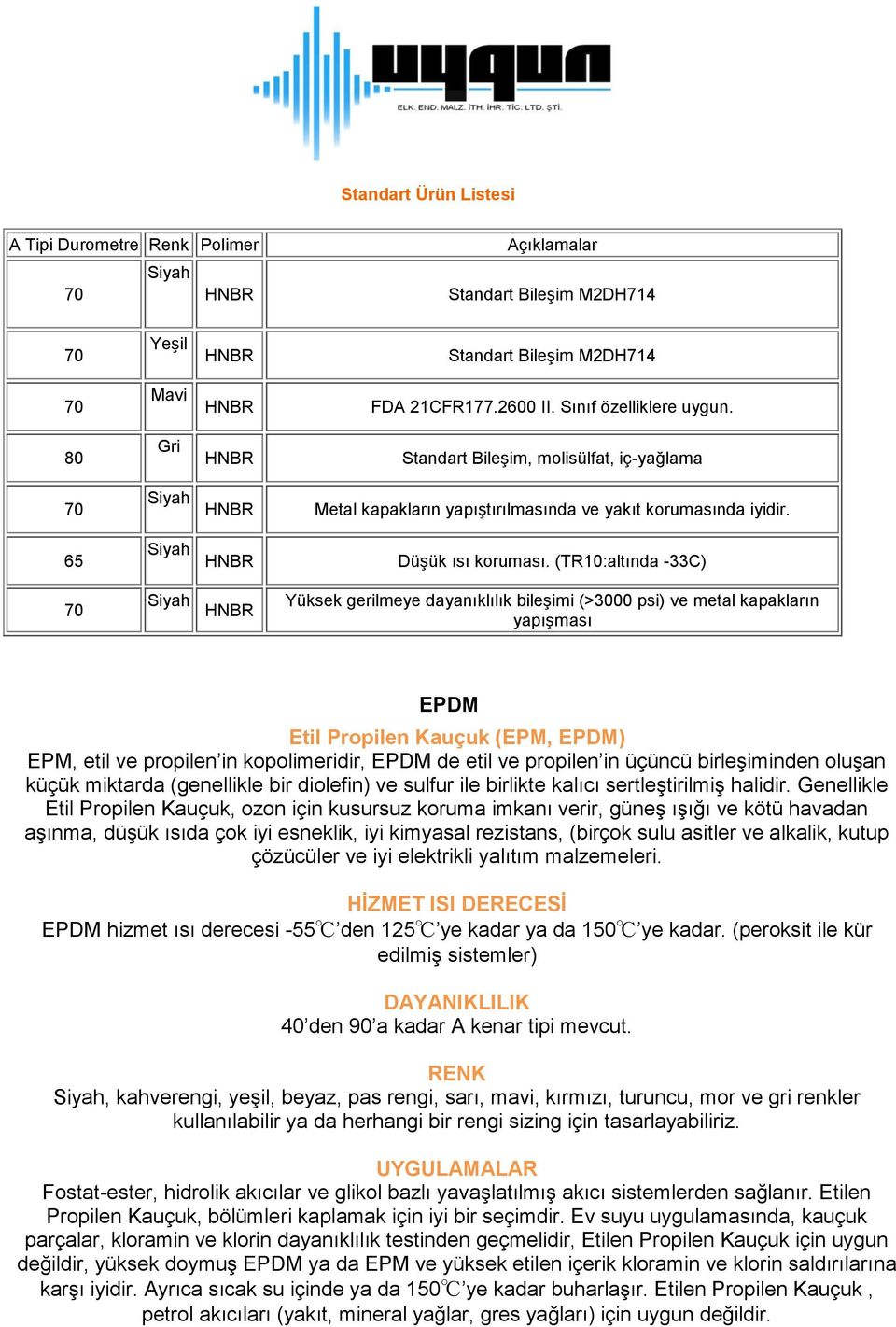 (TR10:altında -33C) Yüksek gerilmeye dayanıklılık bileşimi (>3000 psi) ve metal kapakların yapışması EPDM Etil Propilen Kauçuk (EPM, EPDM) EPM, etil ve propilen in kopolimeridir, EPDM de etil ve