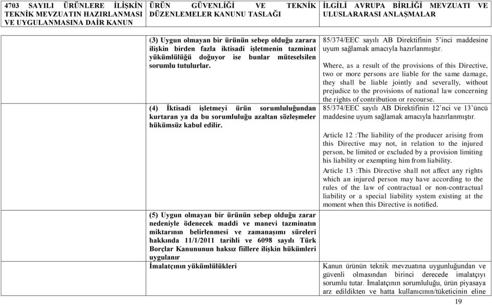 (5) Uygun olmayan bir ürünün sebep olduğu zarar nedeniyle ödenecek maddi ve manevi tazminatın miktarının belirlenmesi ve zamanaģımı süreleri hakkında 11/1/2011 tarihli ve 6098 sayılı Türk Borçlar