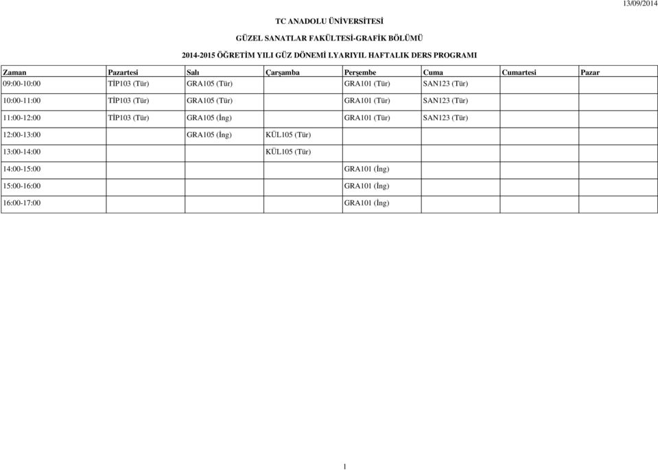 TİP103 (Tür) GRA105 (Tür) GRA101 (Tür) SAN123 (Tür) 11:00-12:00 TİP103 (Tür) GRA105 (İng) GRA101 (Tür) SAN123