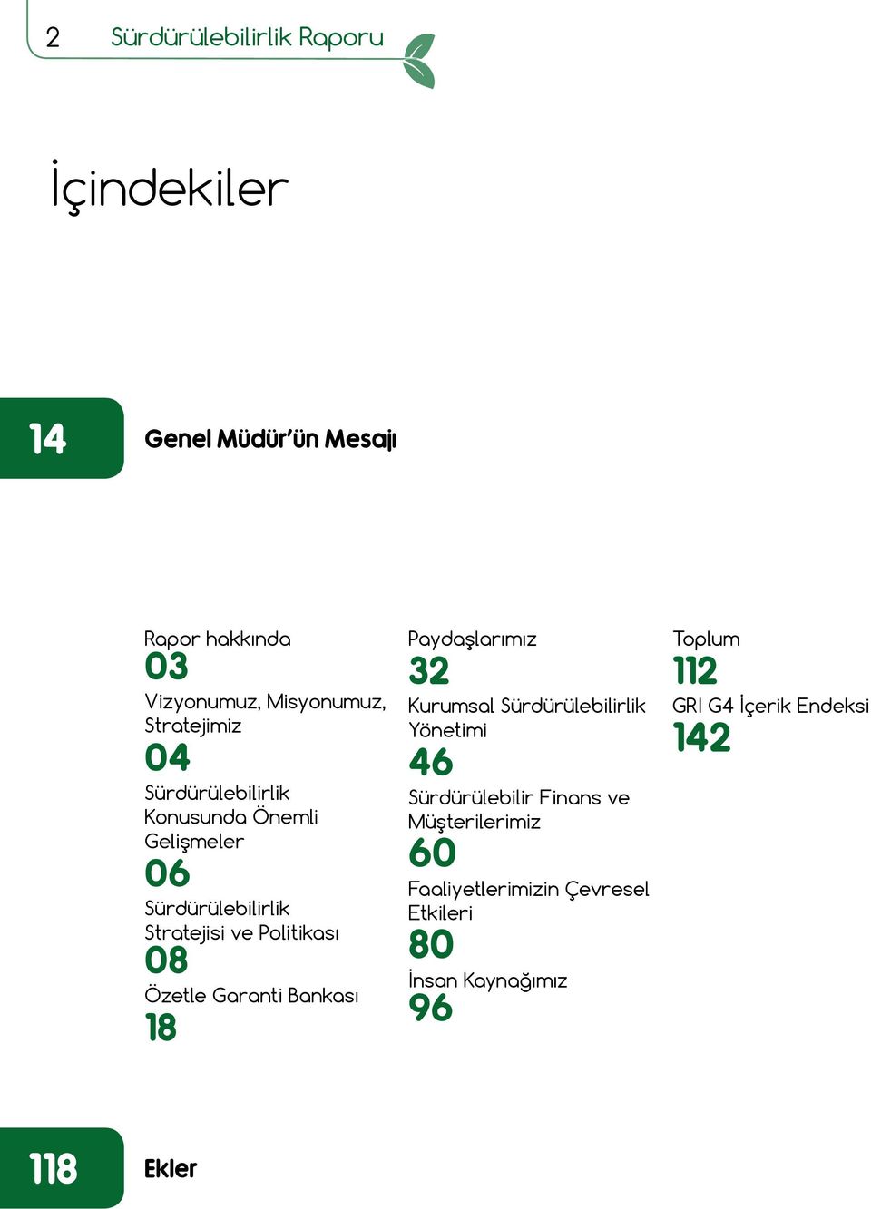 Özetle Garanti Bankası 18 Paydaşlarımız 32 Kurumsal Sürdürülebilirlik Yönetimi 46 Sürdürülebilir Finans ve