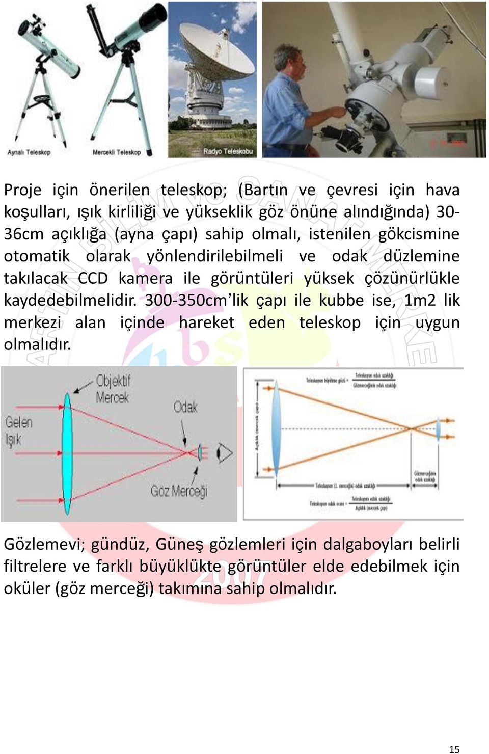 çözünürlükle kaydedebilmelidir. 300-350cm lik çapı ile kubbe ise, 1m2 lik merkezi alan içinde hareket eden teleskop için uygun olmalıdır.