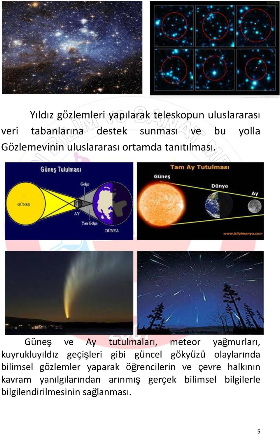 Güneş ve Ay tutulmaları, meteor yağmurları, kuyrukluyıldız geçişleri gibi güncel gökyüzü