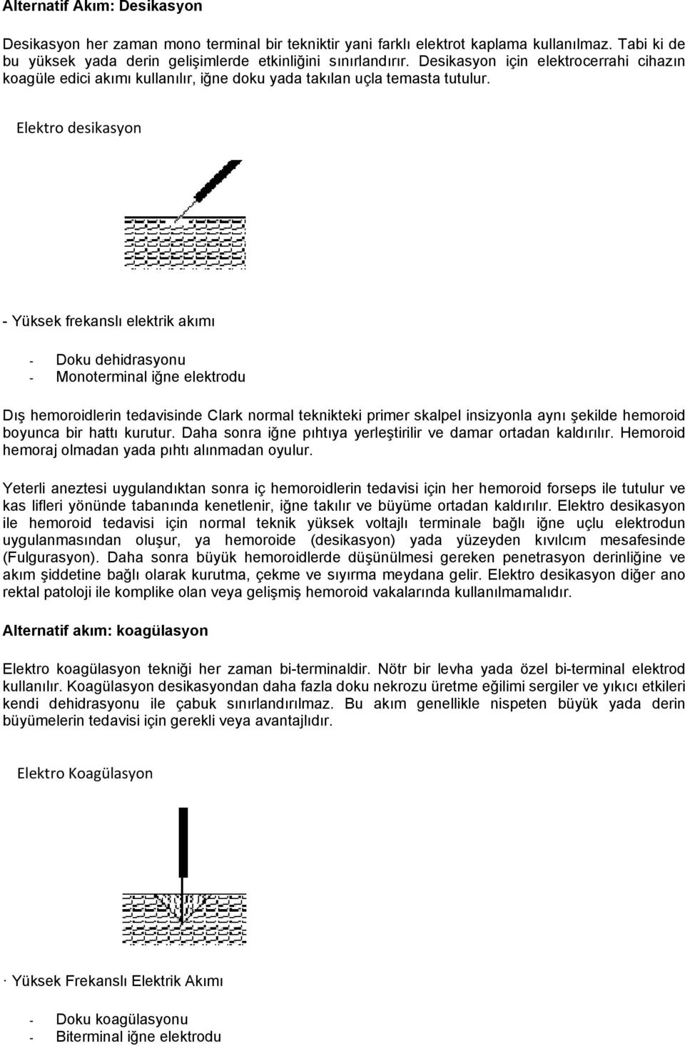 Elektro desikasyon - Yüksek frekanslı elektrik akımı - Doku dehidrasyonu - Monoterminal iğne elektrodu Dış hemoroidlerin tedavisinde Clark normal teknikteki primer skalpel insizyonla aynı şekilde