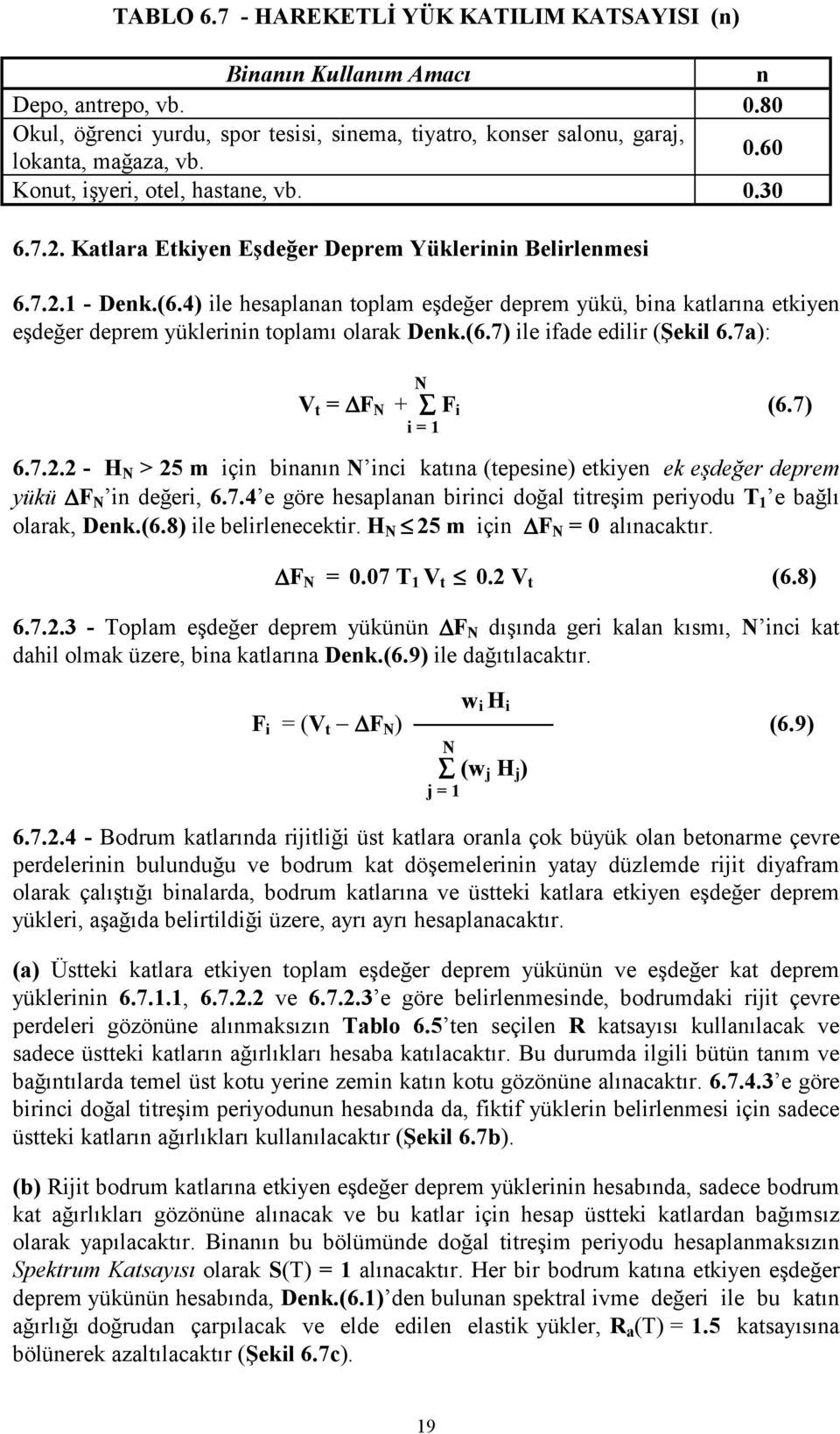 (6.7) ile ifade edilir (Şekil 6.7a): N V t = F N + F i (6.7) i = 1 6.7.2.2 - H N > 25 m için binanın N inci katına (tepesine) etkiyen ek eşdeğer deprem yükü F N in değeri, 6.7.4 e göre hesaplanan birinci doğal titreşim periyodu T 1 e bağlı olarak, Denk.