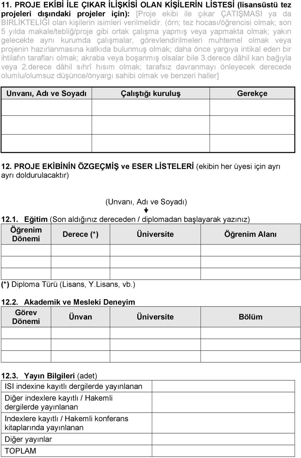 projenin hazırlanmasına katkıda bulunmuş olmak; daha önce yargıya intikal eden bir ihtilafın tarafları olmak; akraba veya boşanmış olsalar bile 3.derece dâhil kan bağıyla veya 2.