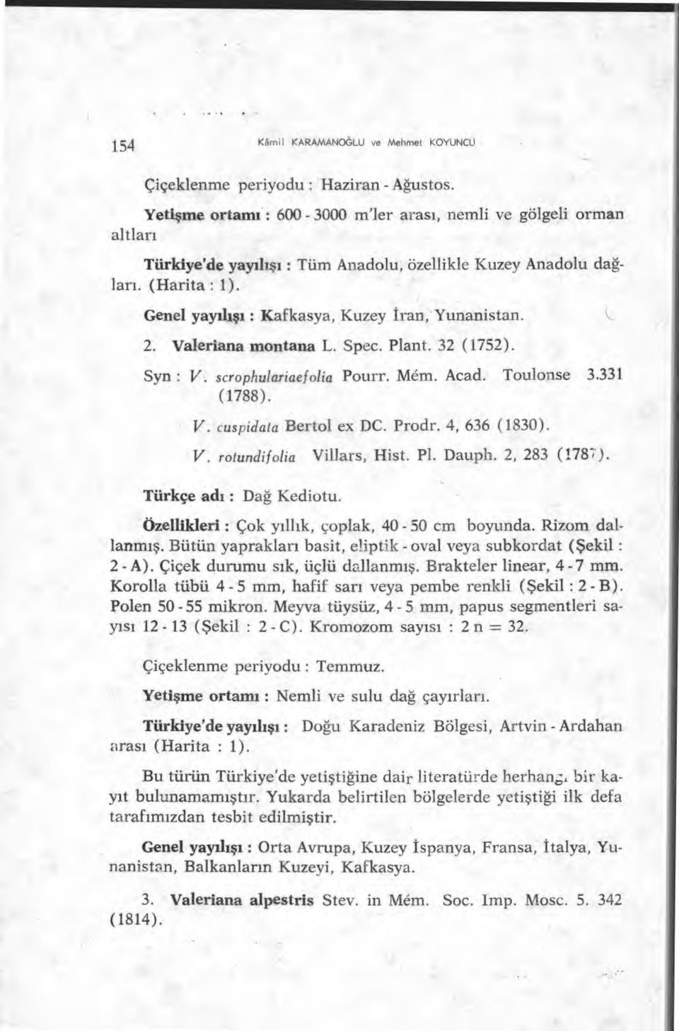 Genel yayılışı : Kafkasya, Kuzey Iran, Yunanistan. 2. Valeriana montana L. Spec. Plant. 32 (1752). Syn : V. scrophulariaefolia Pourr. Mem. Acad. Toulonse 3.331 (1788). V. cuspidata Bertol ex DC.
